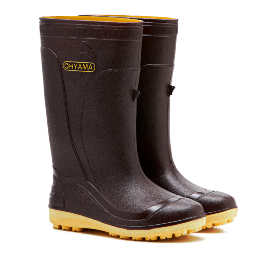 OHYAMA Farm Cotton brown waterproof rubber boots with studded soles for grip and comfort